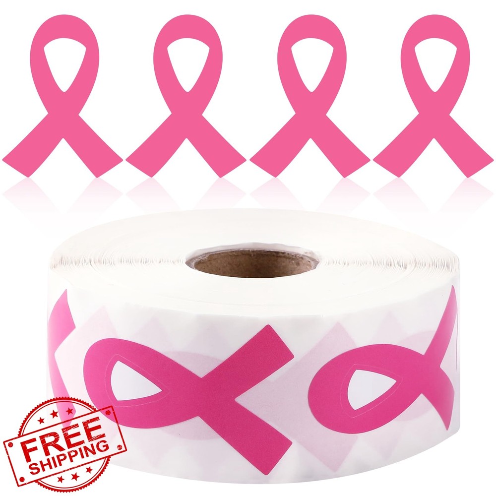 DECYOOL 800 Pcs Pink Ribbon Stickers Roll, Breast Cancer Awareness Helmet Fac…