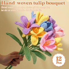 Crochet Rose 12 Pcs Handmade Knitted Flowers Tulip Sunflower Daisy