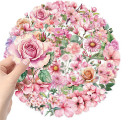 50PCS Pink Flower Stickers Aesthetic PET Transparent Stickers Nature Flower