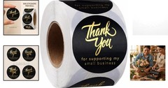 500 Round 2-Inch Black & Gold Thank You Stickers for Small Business Packaging