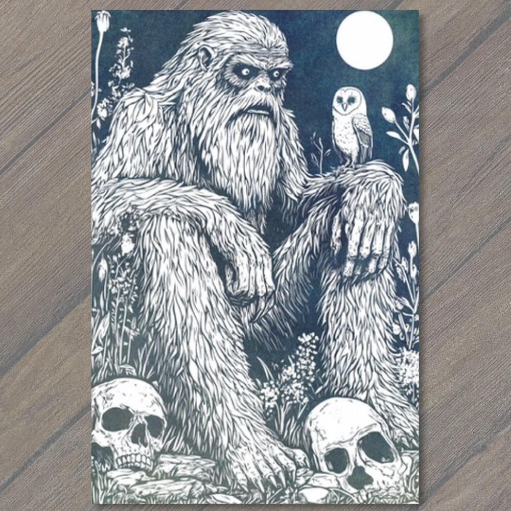 STICKER Bigfoot Walking Moonlit Forest Skulls Trees Mythical Creature Strange