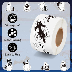 1000 Halloween Ghost Holding Cat Sticker Rolls (2 Rolls), 16 Designs Decals