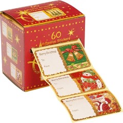 60x Christmas Gift Tag Stickers Bag Seal Xmas Adhesive Assorted Designs 6x3cm Ro
