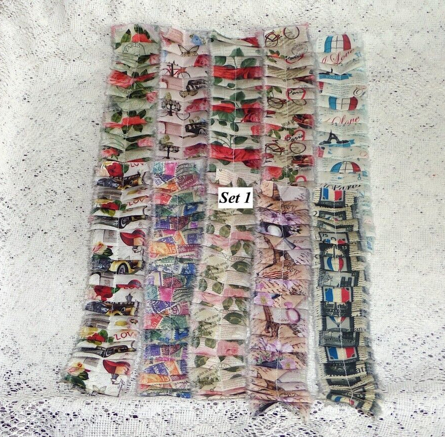 LOT of 10 SEWN Paris Theme Fabric Ruffles For Junk Journals Scrapbook Pockets