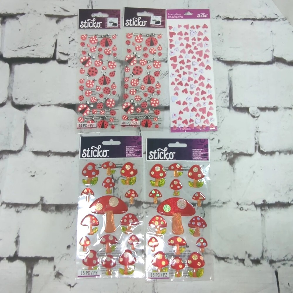 Sticko Scrapbooking Stickers Autocollants Lot Of 5 Lady Bugs Mushrooms Hearts