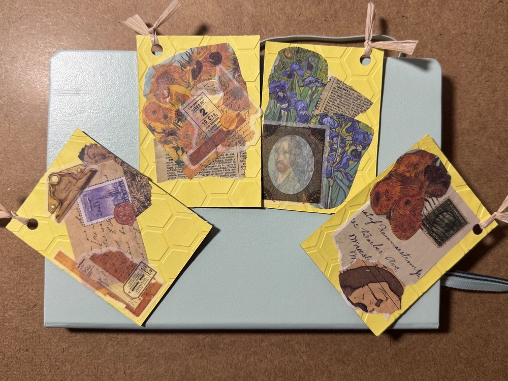Set of 4 Handmade Junk Journal Scrapbook Embellished Tags Embossed Paper Gifts