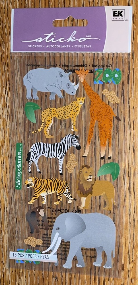 Sticko Zoo Animals Monkey Rhino Tiger Giraffe Lion Elephant Scrapbook Stickers