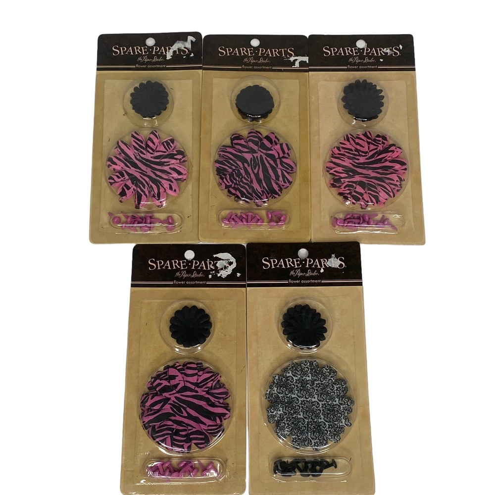 Lot of 5 Spare Parts FLOWER ASSORTMENT Pink Zebra Leopard Brads by Paper Studio