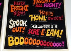 VTG HALLOWEEN STICKER 2 SHEETS BLACK ORANGE BOO SCARY HORROR MONSTER GHOST DECAL