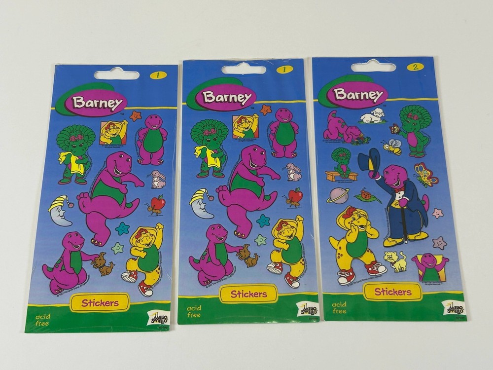 1997 Barney 3 Sticker Sheets Babybop & BJ Mello Smello Purple Dinosaur NOS