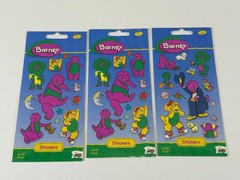 1997 Barney 3 Sticker Sheets Babybop & BJ Mello Smello Purple Dinosaur NOS