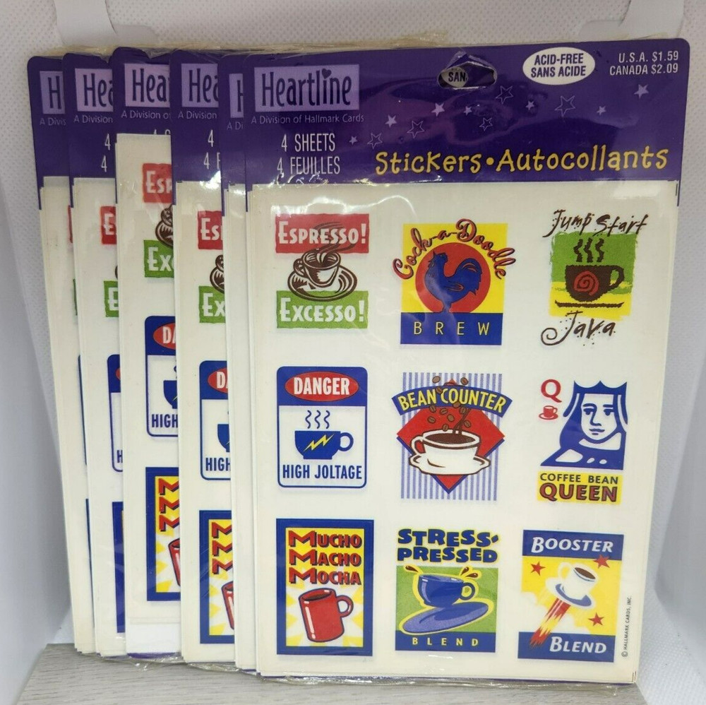 6 sealed sticker packs Heartline Hallmark COFFEE bean java espresso brew vintage