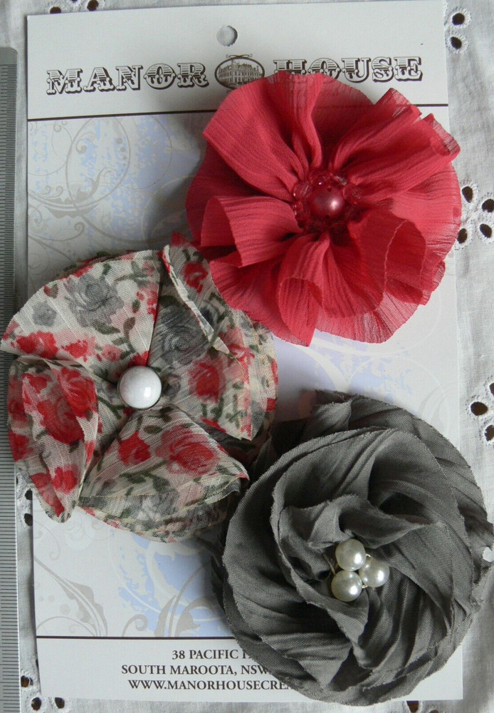 RED, GREY & Floral Mix Organza 3 Flowers All with Centres 60-70mm Manor House