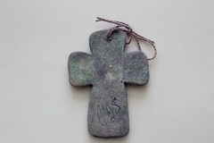 Cross – Handmade Blue & Silver Ceramic Cross w/Iridescent Rhinestone & Glitter