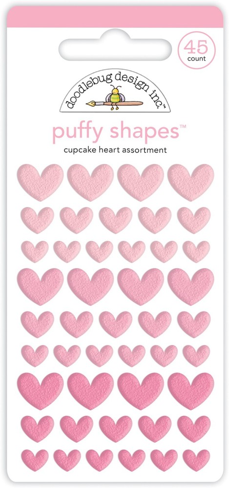 Doodlebug Self-Adhesive Stickers Puffy Heart Shapes 3 Sizes Pink Cupcake
