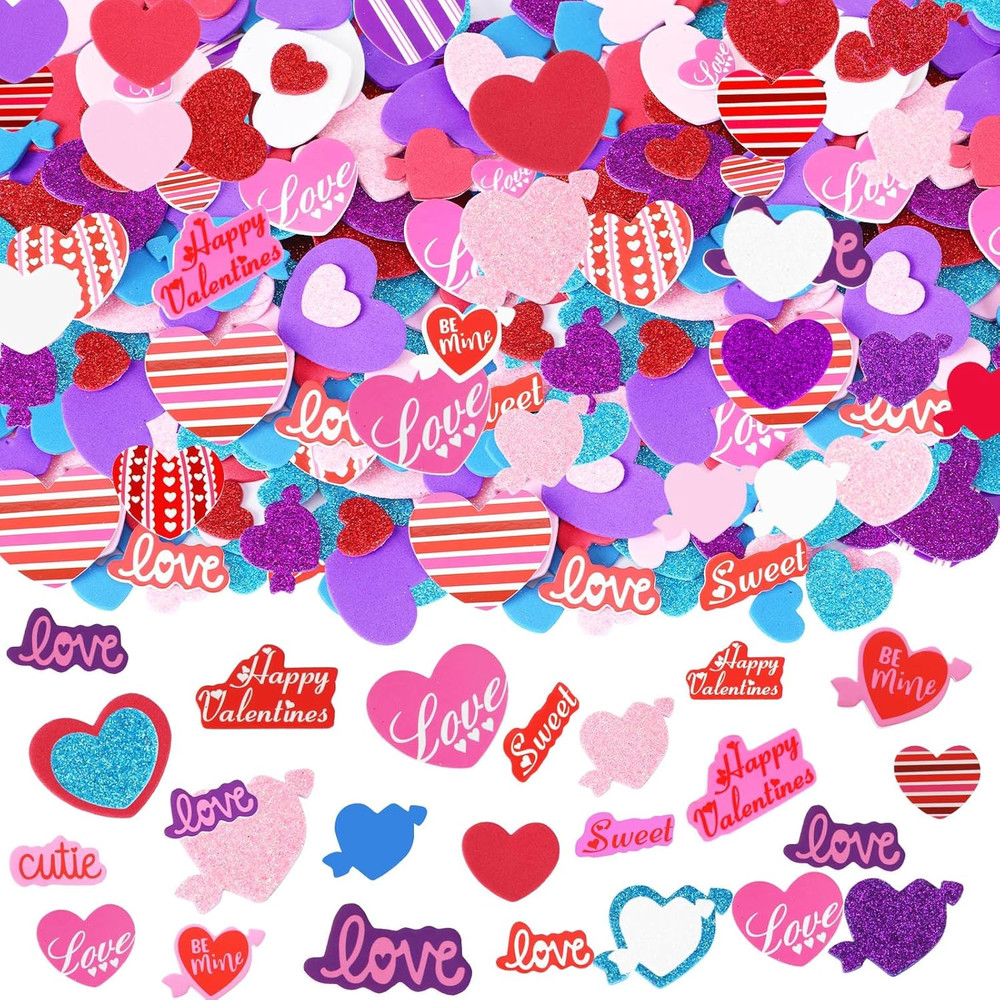 300 Pcs Valentine’s Day Heart Foam Stickers Glitter Self-Adhesive Colorful Mixed