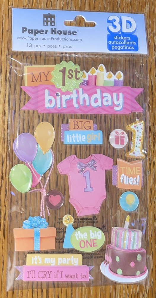RARE 3D Paper House My 1st Birthday Big & Little Girl 1 Year Old Baby Stickers
