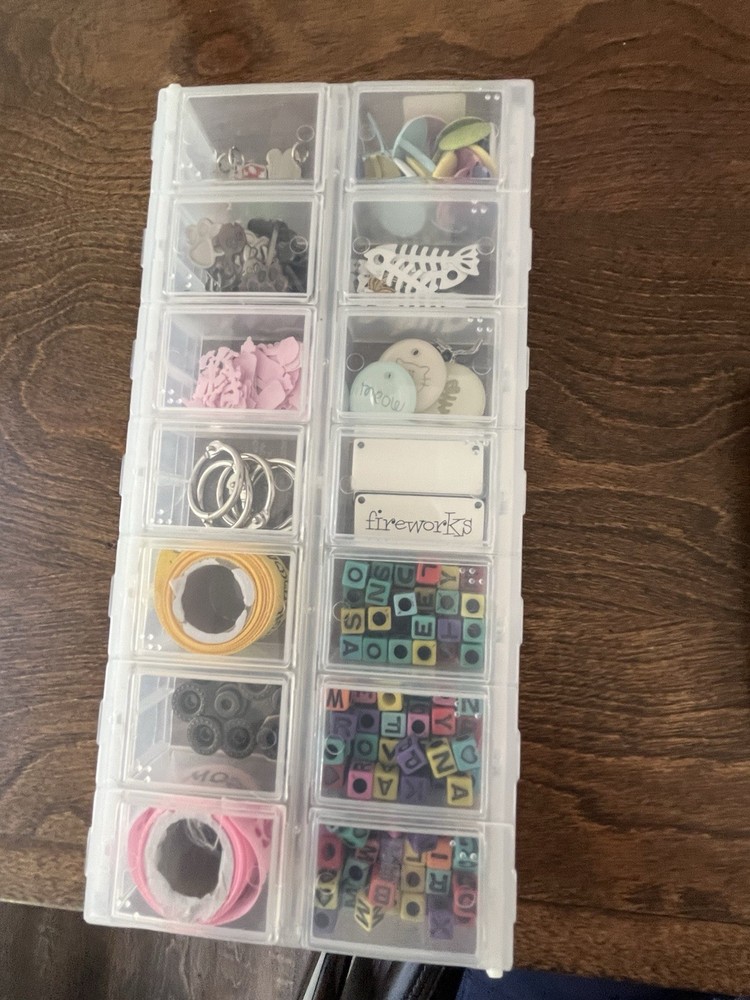 Lot in Case of Embellishments for Crafts and Scrapbooking, Letter Beads, Charms