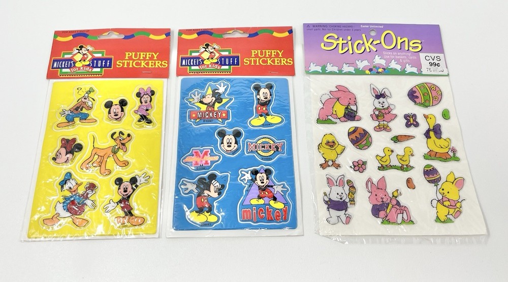 Lot 3 Packages Of Vintage Puffy Stickers Disney Mickey Goofy Pluto & Easter Read