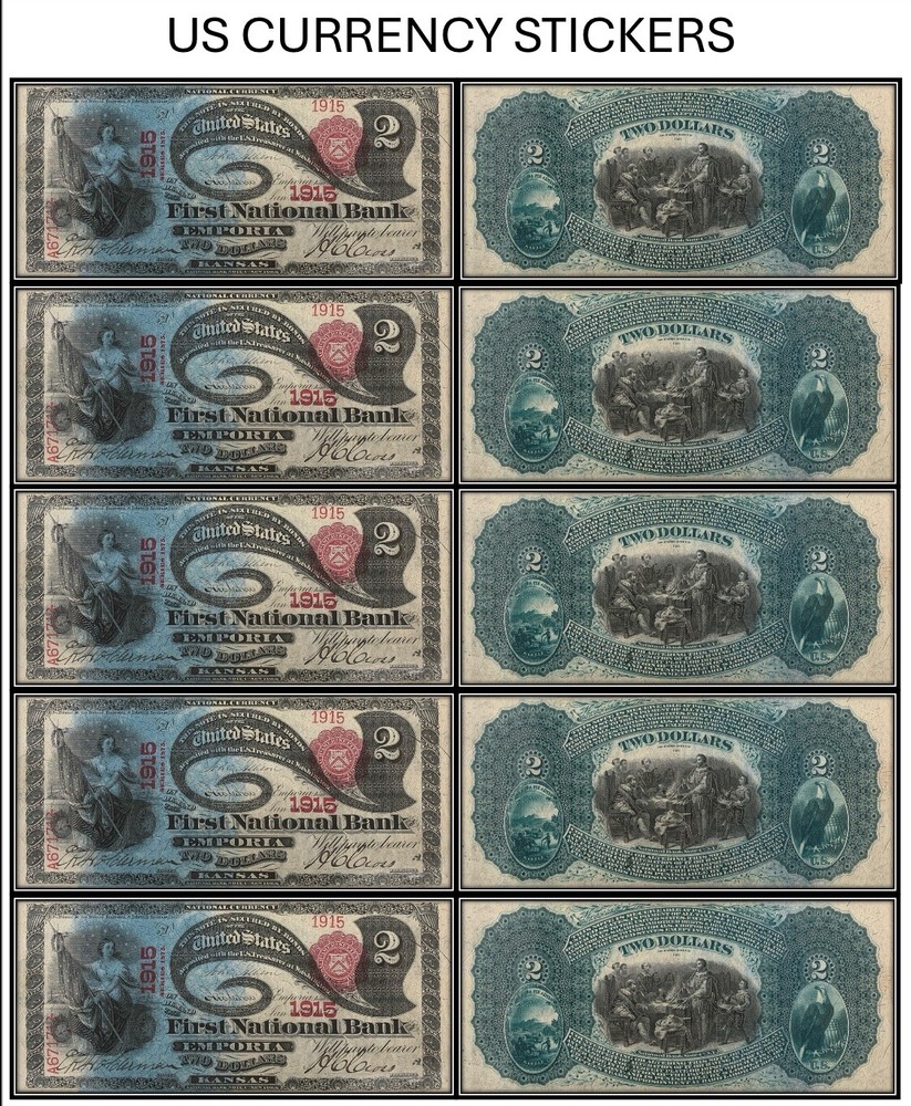 $2 Two Dollar 1875 National Bank Note (US CURRENCY STICKERS) (Lot Of 5)