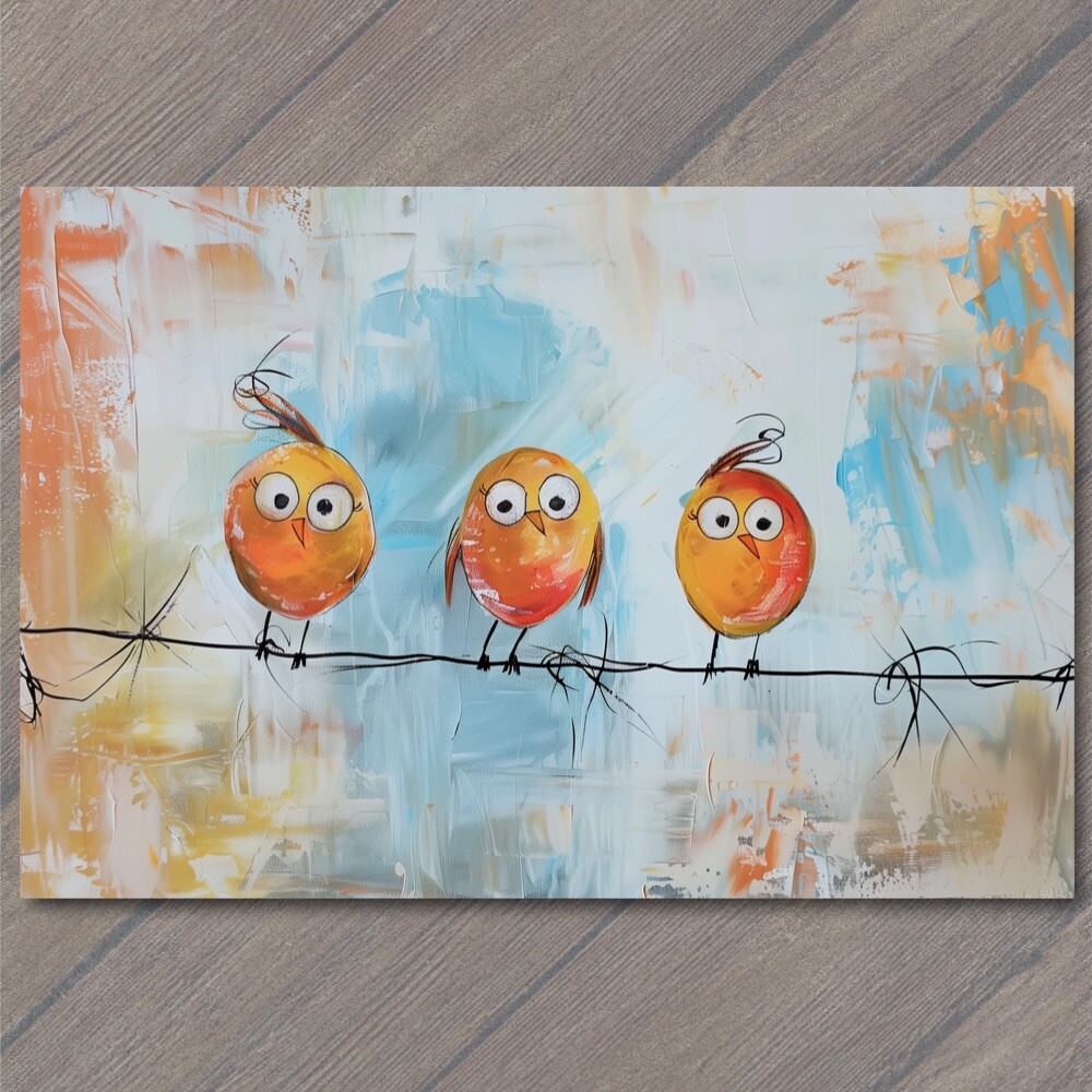 STICKER Birds On A Wire Cute Big Eyes Acrylic Painting Cartoon Style Colorful