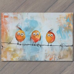 STICKER Birds On A Wire Cute Big Eyes Acrylic Painting Cartoon Style Colorful