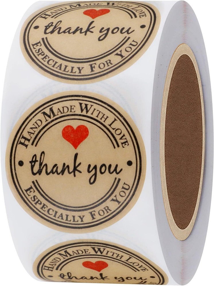 Hybsk Kraft Thank You Hand Made with Love with Red Heart Stickers 1.5″ Inch