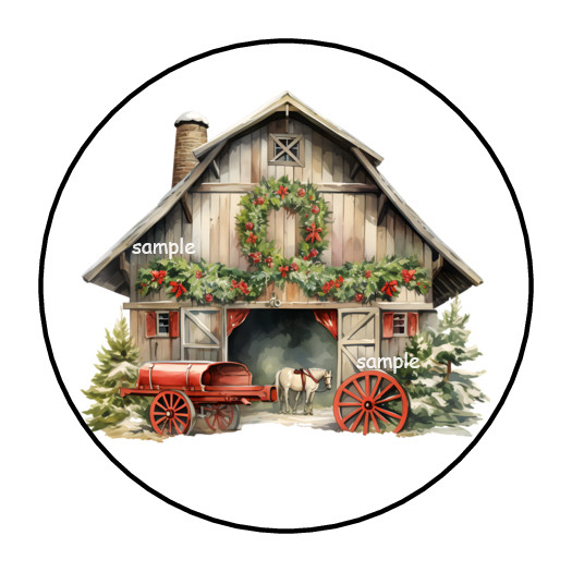 30 CHRISTMAS BARN STICKERS ENVELOPE SEALS LABELS 1.5″ ROUND COUNTRY RUSTIC
