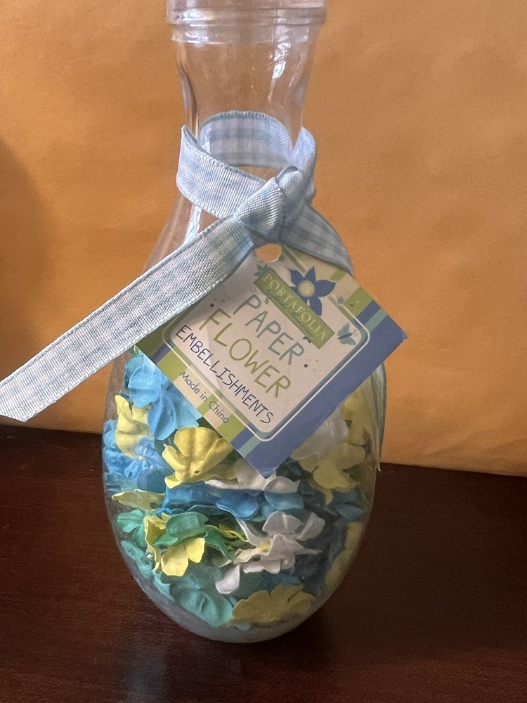 Portafolia paper flowers Mixed Plastic Jar of Yellow Blue Teal and White Flowers
