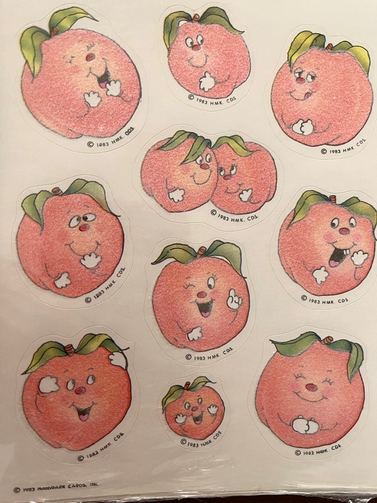 Vintage 1980’s Anthropomorphic PEACHES Flocked FUZZY Fruit STICKERS Hallmark NOS