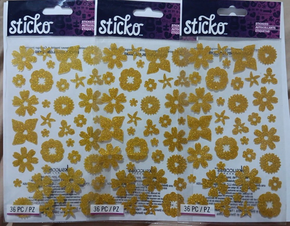 3 Packs Sticko Stickers Gold Glitter Flowers Scrapbook