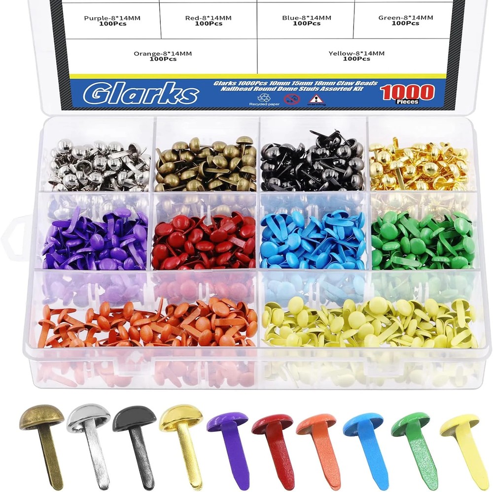 Glarks 1000Pcs 10 Colors Paper Fasteners Brads Metal Mini Brads Assortment Kit 4
