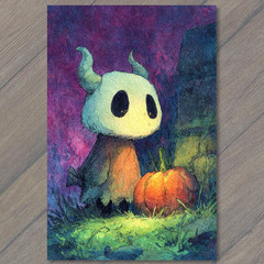 STICKER Little Horned Creature Standing Beside Pumpkin Halloween Night