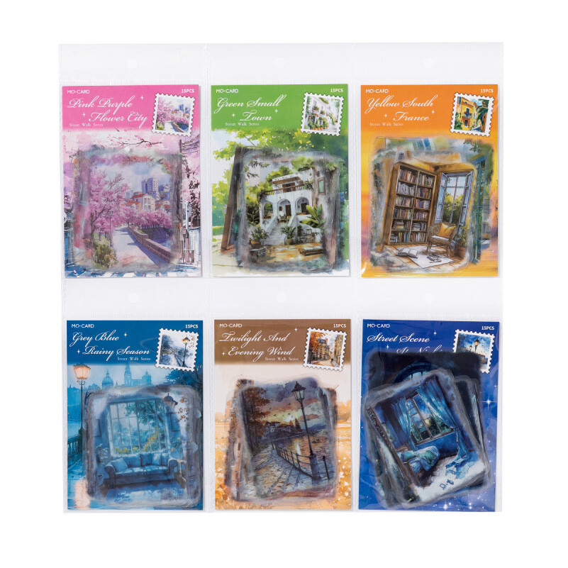 15Pcs Large Size PET Stickers City Street Scenery Sticker Journal Album Supplies