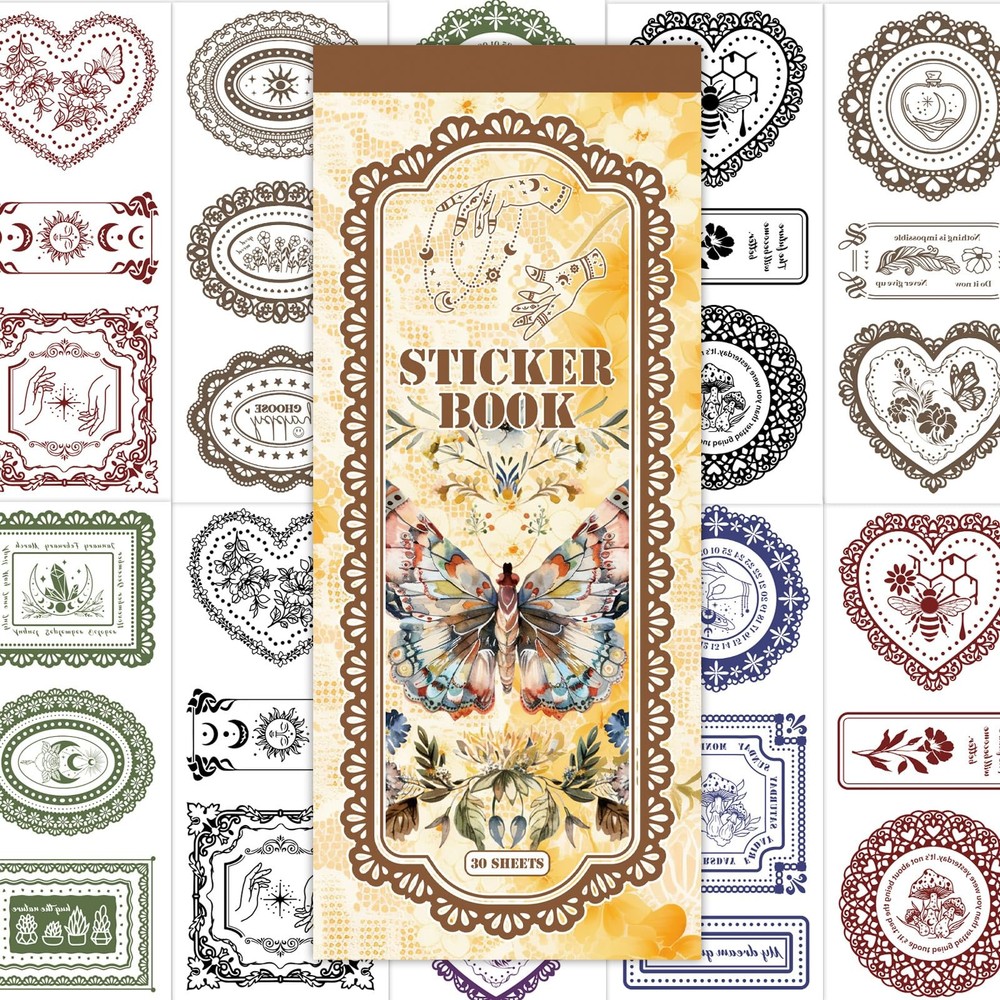 ZHIJIANHZ Vintage Lace and Frame Sticker Book,30 Sheets PET Transparent