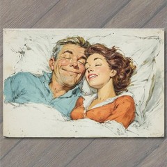STICKER Retro Happy Couple Smiling Bed Cozy Romance Classic Lovers Nostalgia