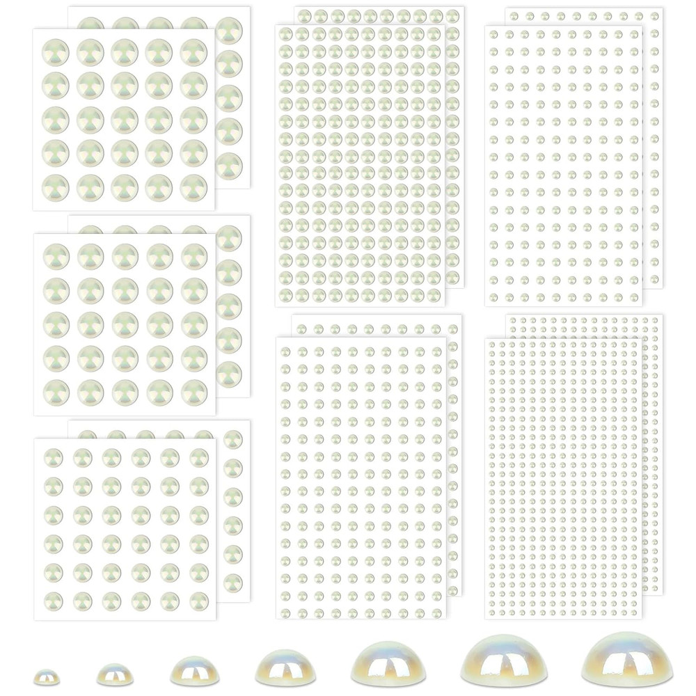 7 Sizes Self Adhesive White AB Hair Pearl Stickers, 2032 Pieces Stick on Pearls