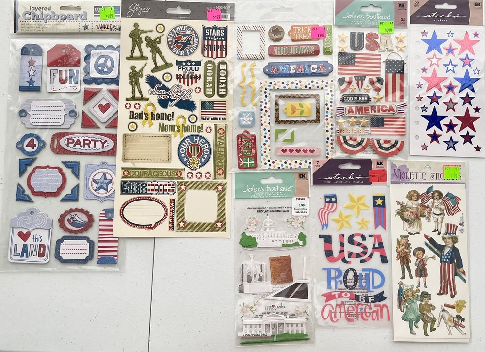 LOT of 8 / July 4th Scrapbook Stickers / Embellishments / Jolee’s Boutique, etc