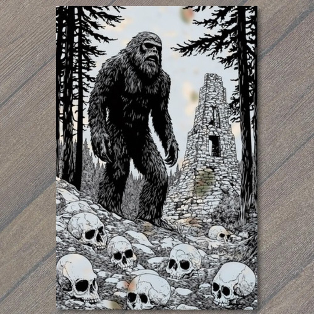 STICKER Bigfoot Walking Moonlit Forest Skulls Trees Mythical Creature Strange