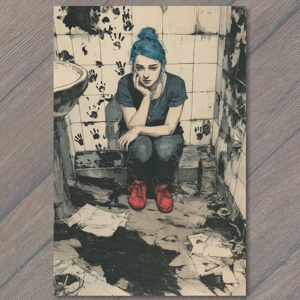 STICKER Girl Blue Hair Red Shoes Dirty Bathroom Grunge Tiles Trash on Floor