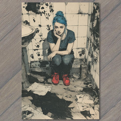 STICKER Girl Blue Hair Red Shoes Dirty Bathroom Grunge Tiles Trash on Floor