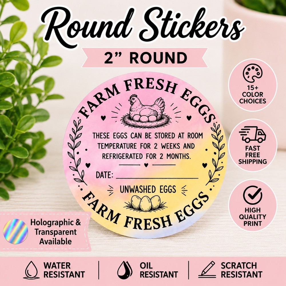 40 FARM FRESH EGGS STICKERS 2″ SEALS THANK YOU CAGE FREE EGG LABELS HOLOGRAPHIC