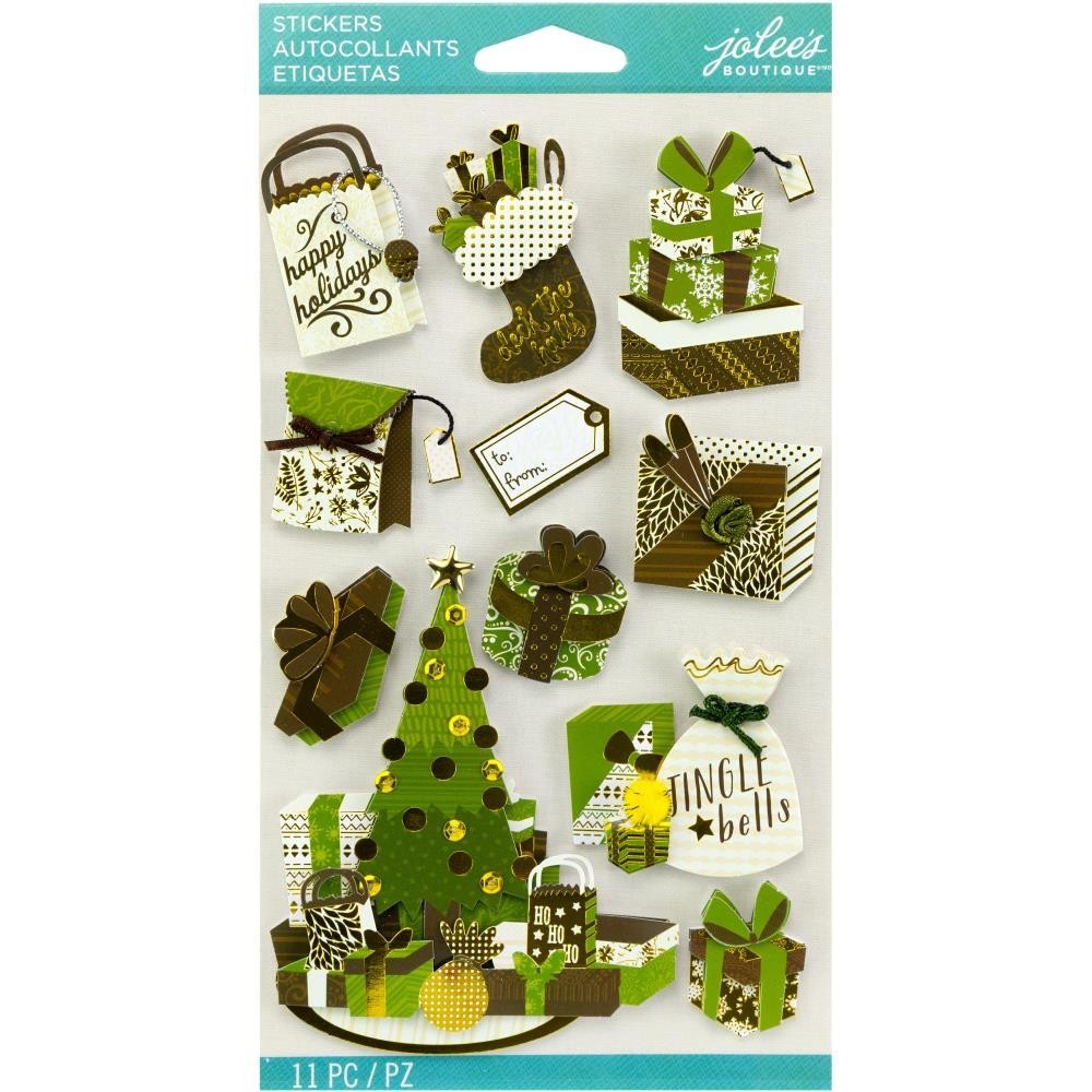 Stickers Jolees 3D Christmas Gifts Green Brown Tree Presents Stocking Jingle