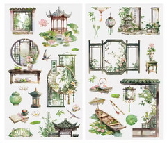Green Summer Asian Sticker Roll Bamboo Lotus Junk Journal Planner Collage