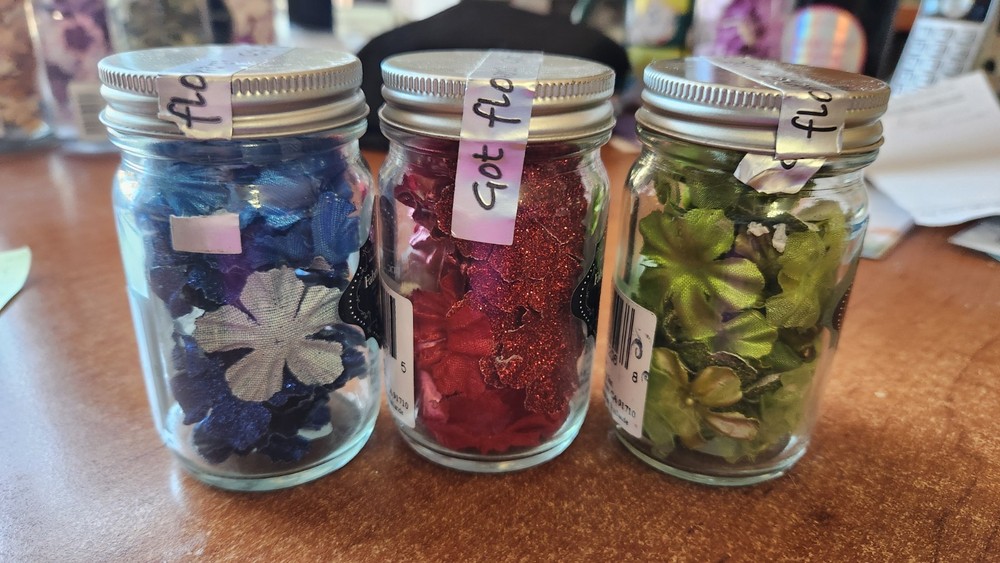 3 Prima Jar GOT FLOWERS «FABRIC FANCIES» Glitter Satin Mesh RED BLUE GREEN