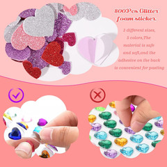 872 Pcs Valentines Heart Stickers, 3 Sizes 5 Colors Self-Adhesive Glitter Foam H
