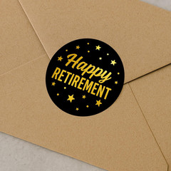 Happy Retirement Gold Foil Stickers – 100 Pcs 1.6 Inch Round, Black & Gold Star