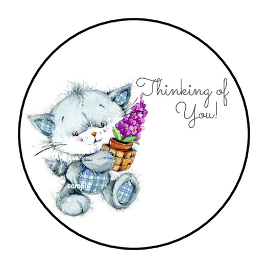 THINKING OF YOU KITTEN ENVELOPE SEALS STICKERS LABELS TAGS 1.5″ ROUND (30)