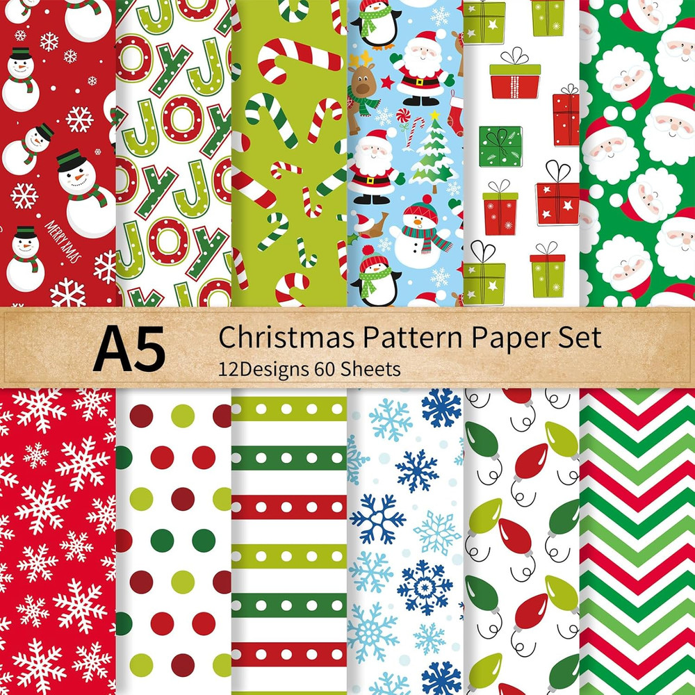 60 Sheets Christmas Pattern Papers A5 Winter Snowman Santa Snowflake Scrapbook S