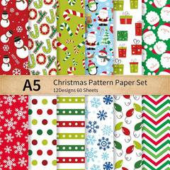 60 Sheets Christmas Pattern Papers A5 Winter Snowman Santa Snowflake Scrapbook S